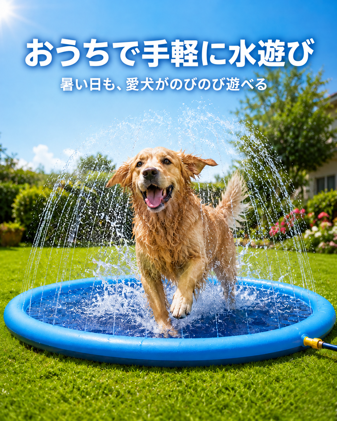 犬用スプラッシュシャワーマットで水遊びする愛犬