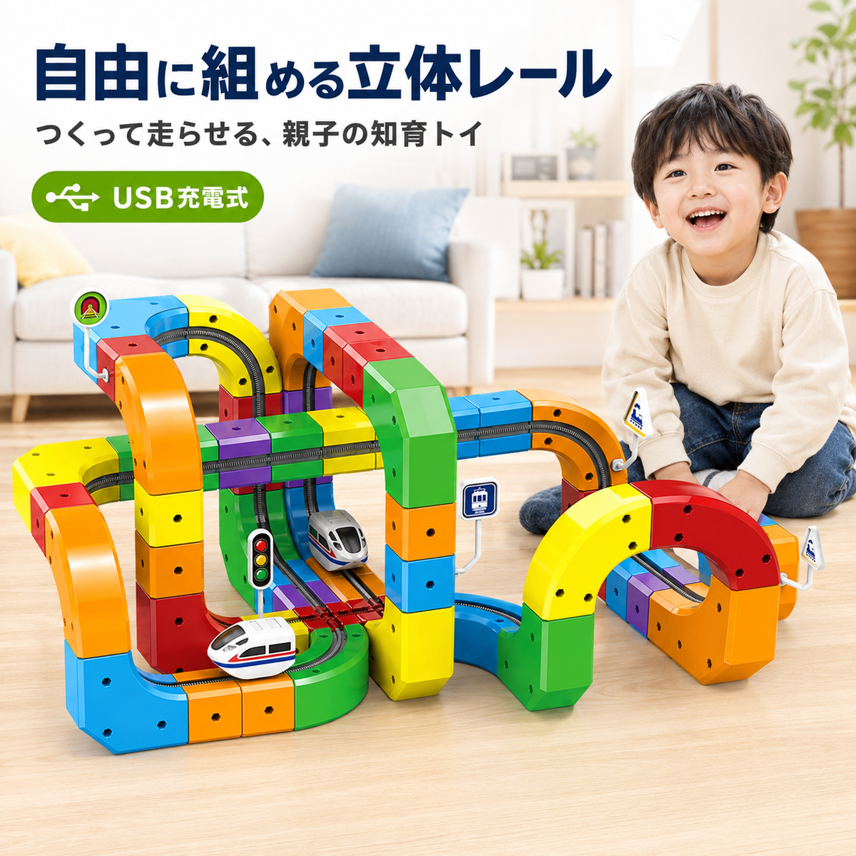 自由に組める立体レールトイ 親子で遊べるUSB充電式の知育トイ