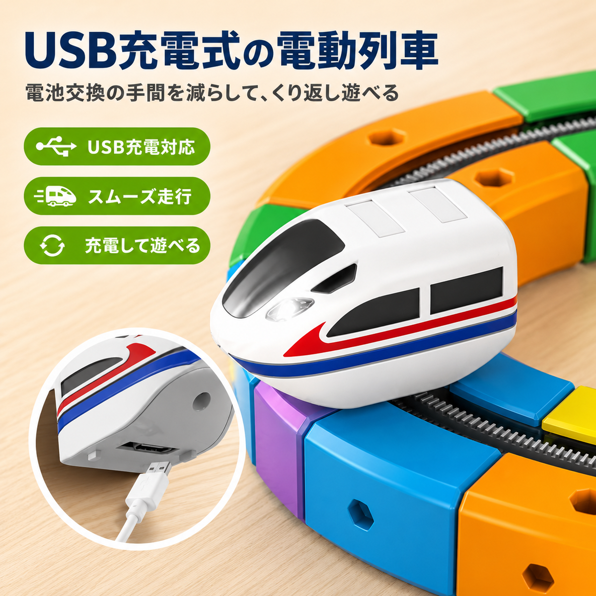 USB充電式の電動列車 電池交換いらずでくり返し遊べる