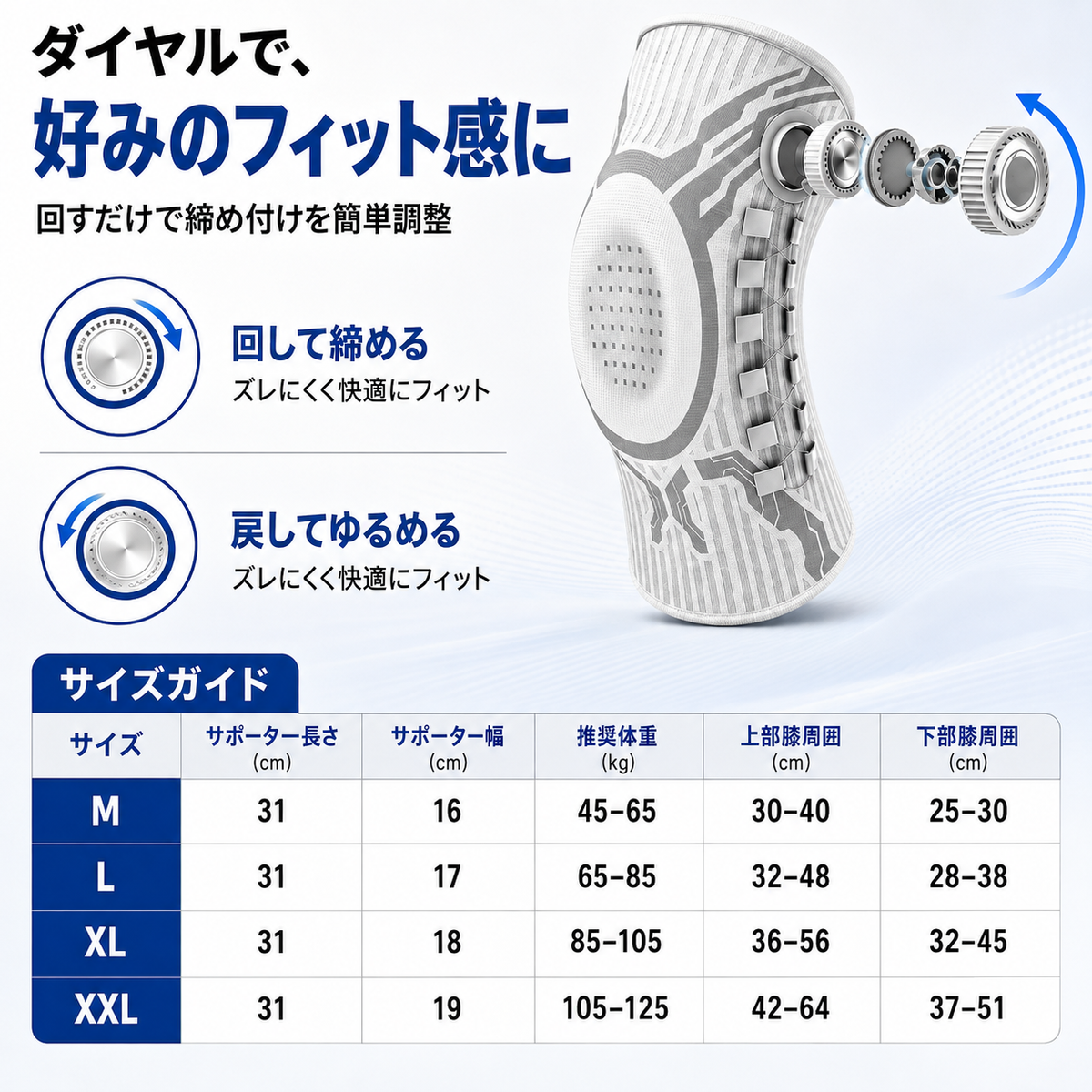 膝サポーター ダイヤル式｜階段・立ち座りの不安に 締め付けを微調整（男女兼用）
